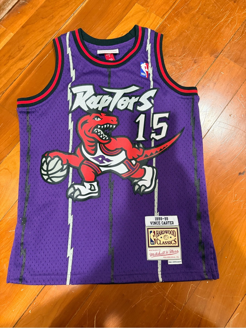 Mitchell & Ness Purple and Red Swingman Basketball Jersey Collar Detail
